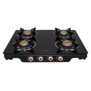 Elica Patio ICT DT 460 BLK S Glass Top 4 Burner Manual Gas Stove (Rotational On Device Control, Black)