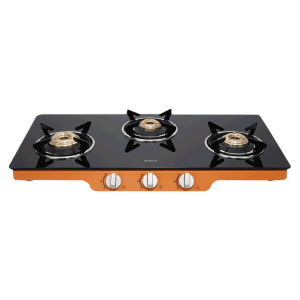 Elica Patio ICT DT773ORG Glass Top 3 Burner Automatic Gas Stove (Round Enamelled Grid, Black/Orange)