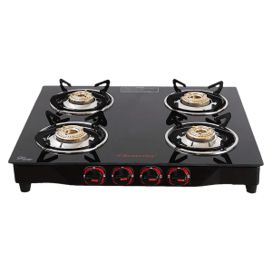 Butterfly Wave Toughened Glass Top 4 Burner Manual Gas Stove (Rust Free Pan Stand, Black)