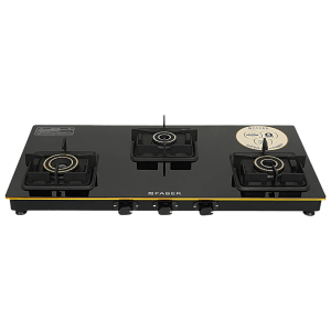 FABER Prince Plus Toughened Glass Top 3 Burner Manual Hob (Full Brass Burners, Black)