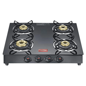 Prestige Marvel Plus Toughened Glass Top 4 Burner Manual Gas Stove (Ergonomic Knob, Black)