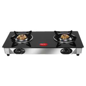 Pigeon Ayush Toughened Glass Top 2 Burner Manual Gas Stove (Unique Pan Support, Black)