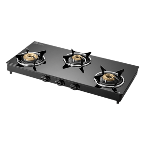 KAFF CTC773B Toughened Glass Top 3 Burner Manual Gas Stove (Matte Enamelled Pan Support, Black)