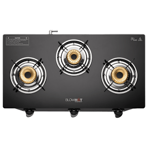 BLOWHOT Pearl Toughened Glass Top 3 Burner Manual Gas Stove (Premium Glass Finish, Black) 