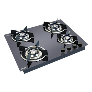 Glen 1064 RO HT DB Toughened Glass Top 4 Burner Automatic Hob (Vitreous Enamelled Pan Support, Black)