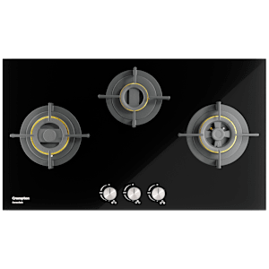 Crompton Sensosafe Toughened Glass Top 3 Burner Automatic Hob (Cast Iron Pan Support, Midnight Black)