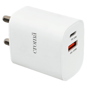 Croma 33W Type A & Type C 2-Port Fast Charger (Type C Cable Included, Short Circuit Protection, White)