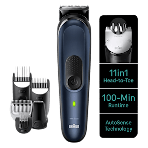 Braun Series 7 11-in-1 Rechargeable Cordless Grooming Kit for Hair, Beard, Body, Ear, Nose & Intimate Areas for Men (100mins Runtime, AutoSense Technology, Blue)