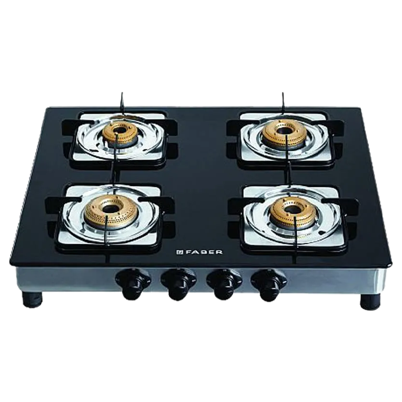 

Faber 4 Burner Toughened Glass Gas Stove (Anti-Leak Technology, Supreme SS 4BB, Black/Silver), No color