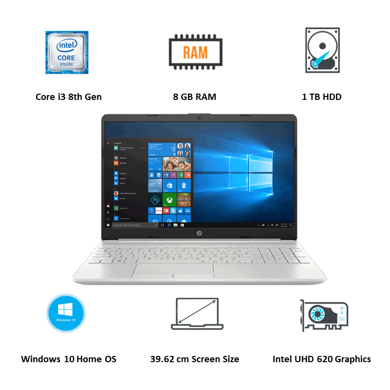 

HP 15s-dr0001tu 7NH55PA#ACJ Core i3 8th Gen Windows 10 Home Laptop (8 GB RAM, 1 TB HDD, Intel UHD 620 Graphics, MS Office, 39.62cm, Silver), No color