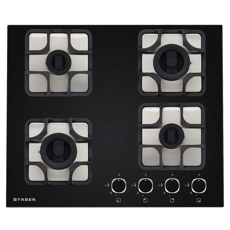 Faber Imperia 604 BRB CI 4 Burner Toughened Black Glass Built-in Gas Hob (Cast Iron Pan Supports, 106.0581.646, Black)_1