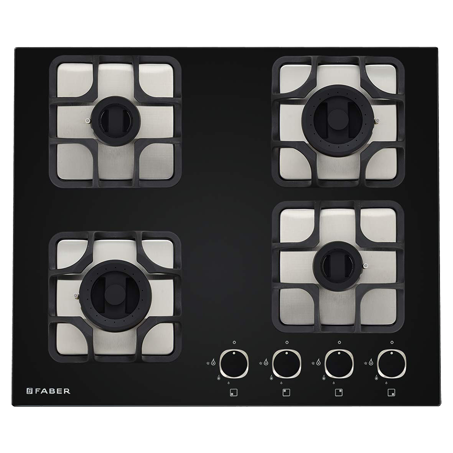 Faber Imperia Plus 604 BRB CI 4 Burner Glass Built-in Gas Hob (Cast Iron Pan Supports, 106.0581.650, Black)