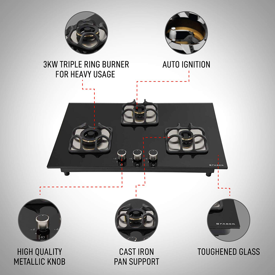 Faber Imperia 783 BRB CI 3 Burner Toughenend Glass Built-in Gas Hob (Cast Iron Pan Supports, 106.0581.647, Black)_3