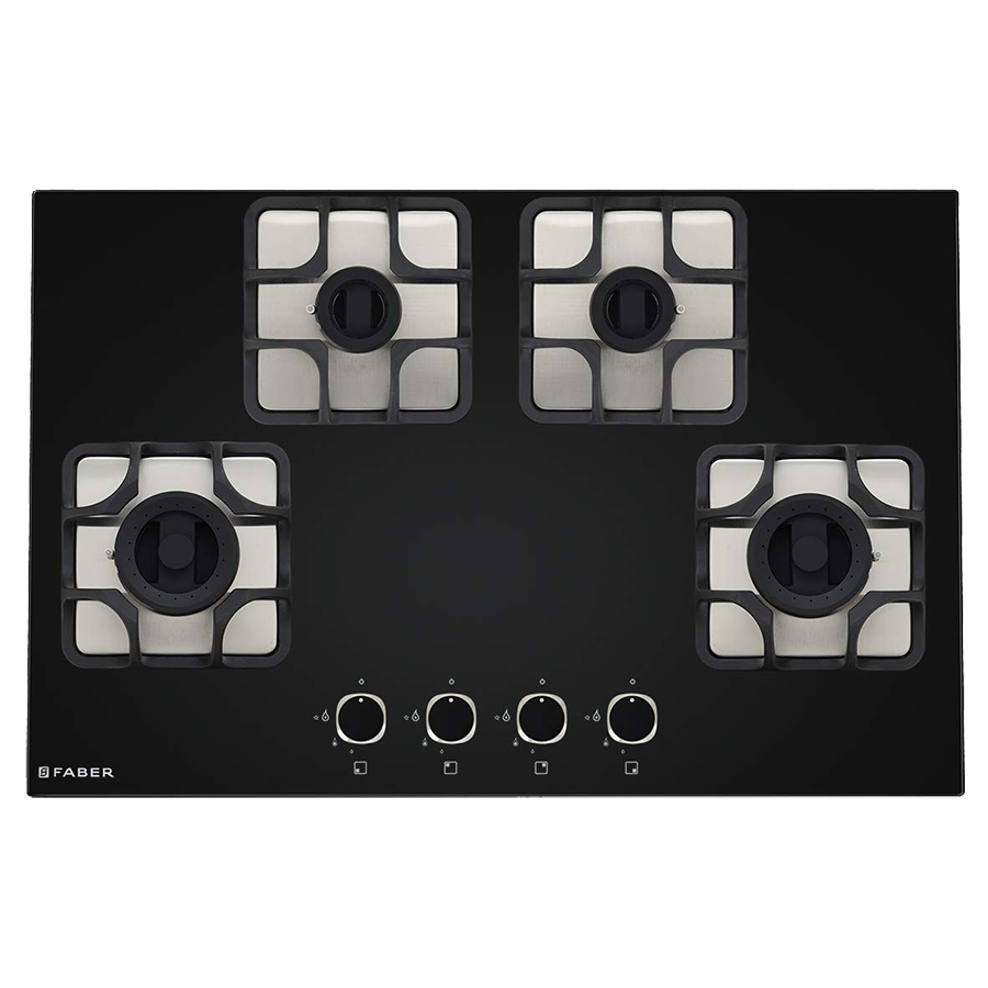 Faber Imperia 784 BRB CI 4 Burner Toughenend Glass Built-in Gas Hob (Cast Iron Pan Supports, 106.0581.648, Black)