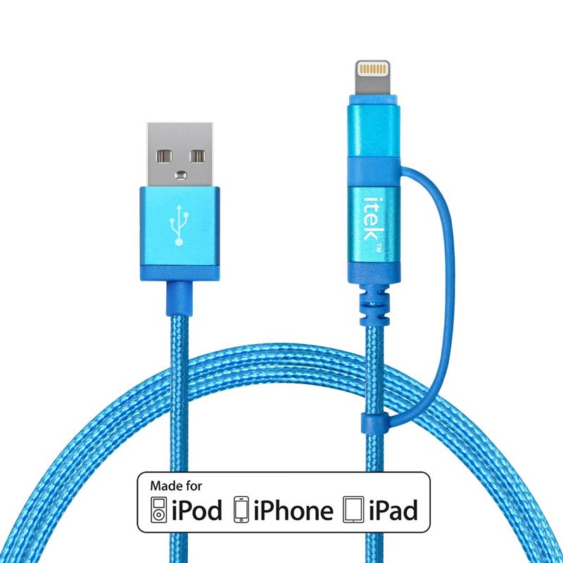 itek Rapid Nylon 1.83 Meter USB (Type-A) to Micro USB + Lightning Power/Charging USB Cable (For iPhones/iPads/iPods, CBL013, Blue)_1