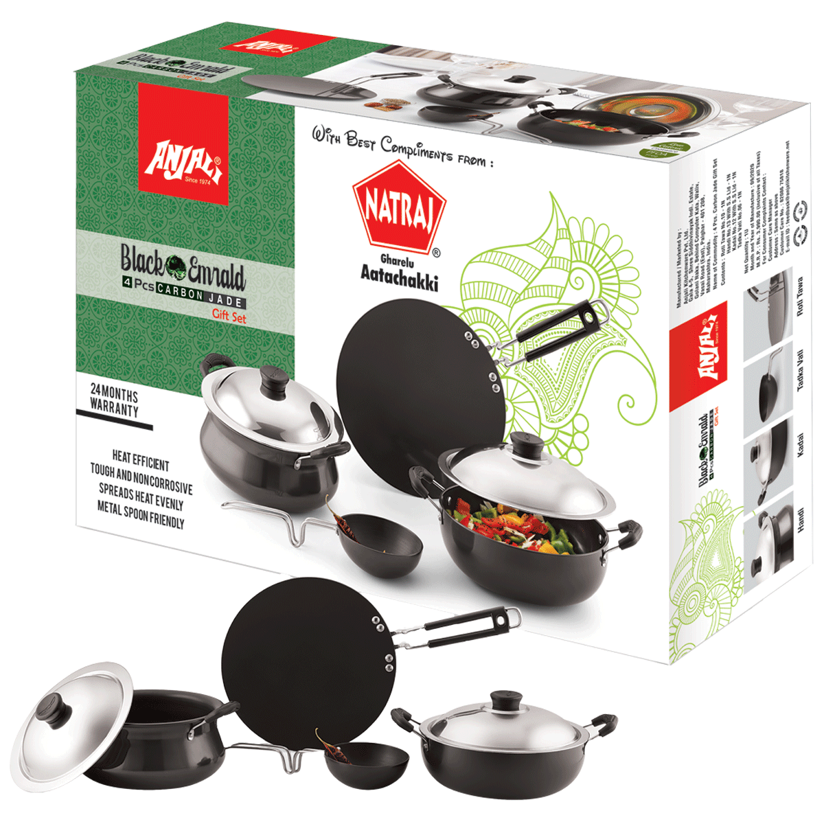 Natraj Anjali Cookware Set for Stoves & Cooktops (Heat Efficient, 4 Pcs. Carbon Jade, Black)_1
