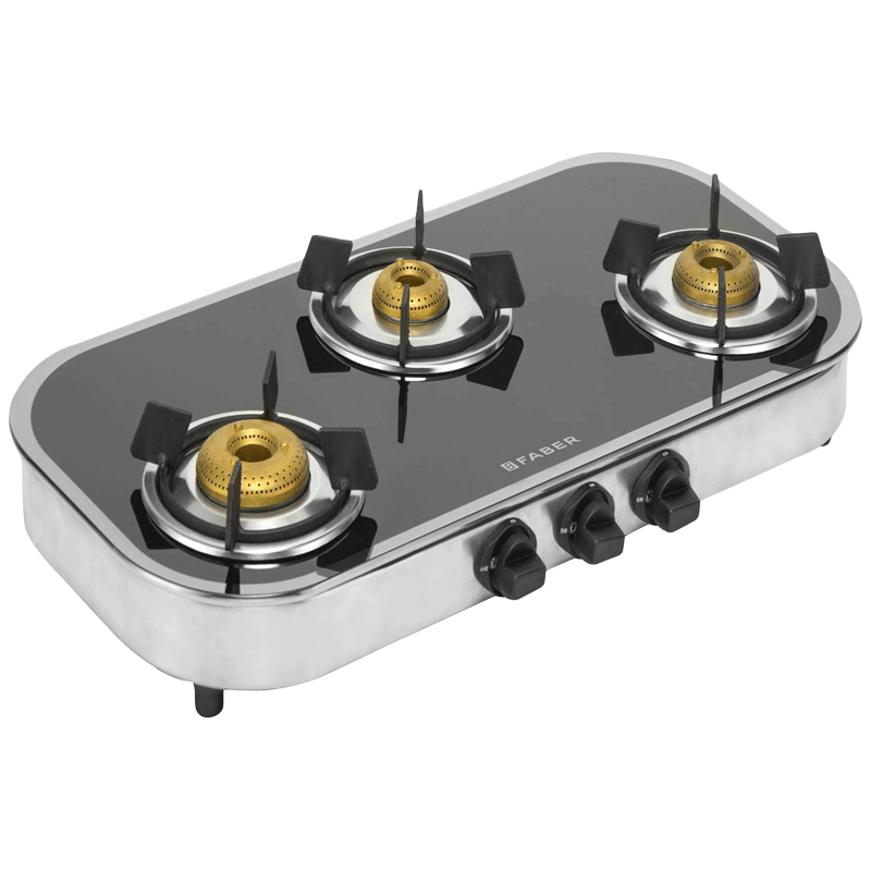 Faber - Faber Curvo 3 Burner Black Tempered Glass Gas Stove (Feather Touch Knobs, Mirror 3BB SS, Black)