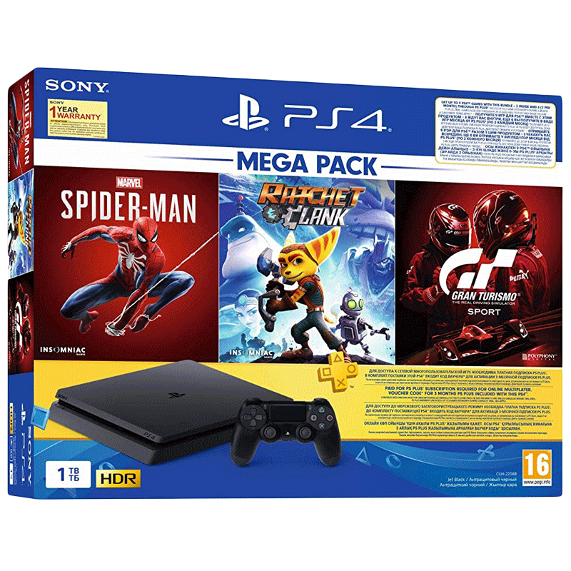 Sony PS4 Slim 1TB HDD (Black) with Spider-Man | GTA Sport | Ratchet & Clank | PSN 3 Month_1