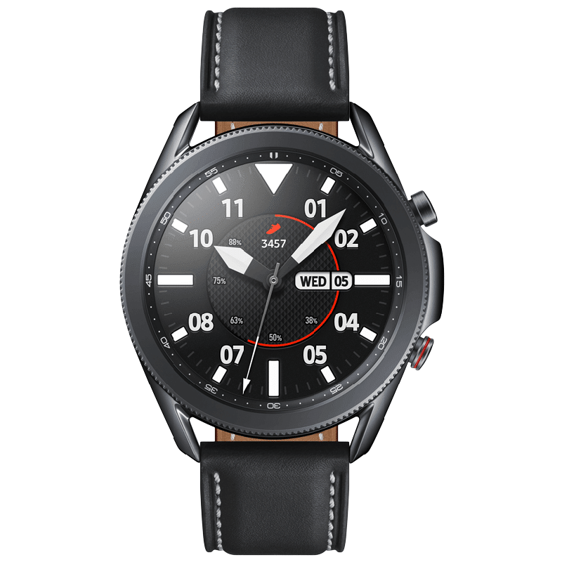 samsung - samsung Galaxy Watch3 Smartwatch (GPS+Cellular, 45mm) (Blood Oxygen Monitoring, SM-R845FZKAINS, Mystic Black, Leather Strap)