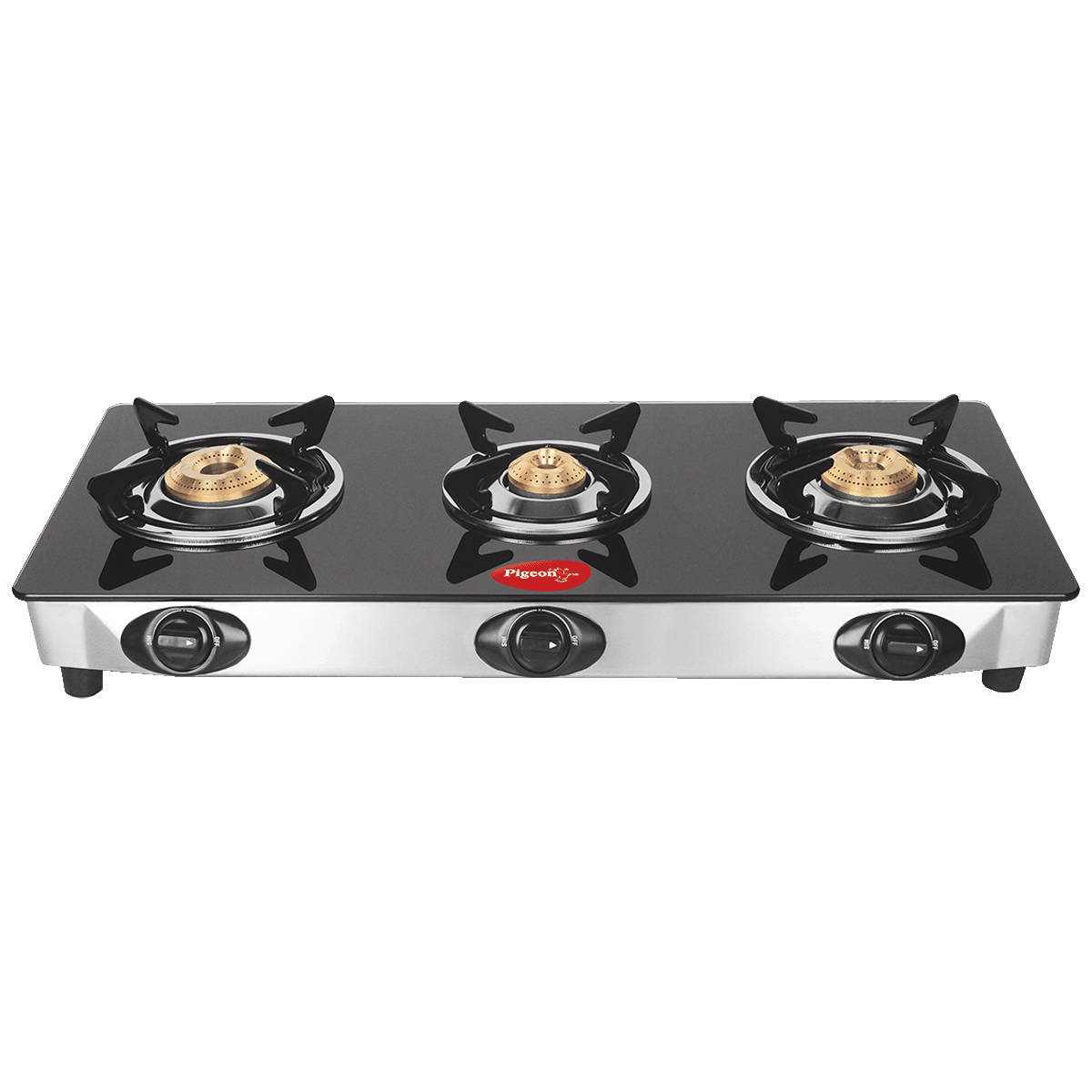 Pigeon Ayush 3 Burner Toughened Glass Gas Stove (Unique Pan Support, 14336, Black)