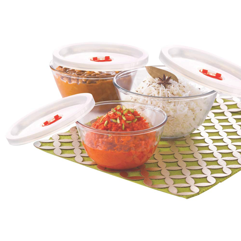 Borosil 500ml, 900ml and 1.3L Glass Set of 3 Mixing Bowls with Lid (IH22MBN6913EC, White)