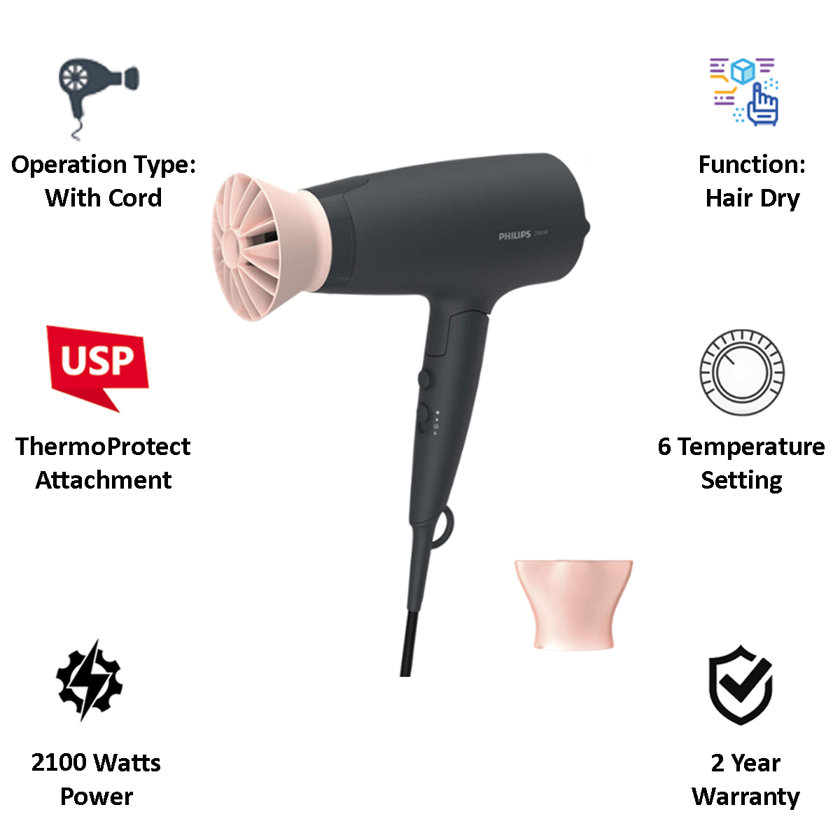 Buy Philips 3000 Series 6 Setting Hair Dryer (ThermoProtect Technology,  BHD356/10, Pink/Black) Online - Croma