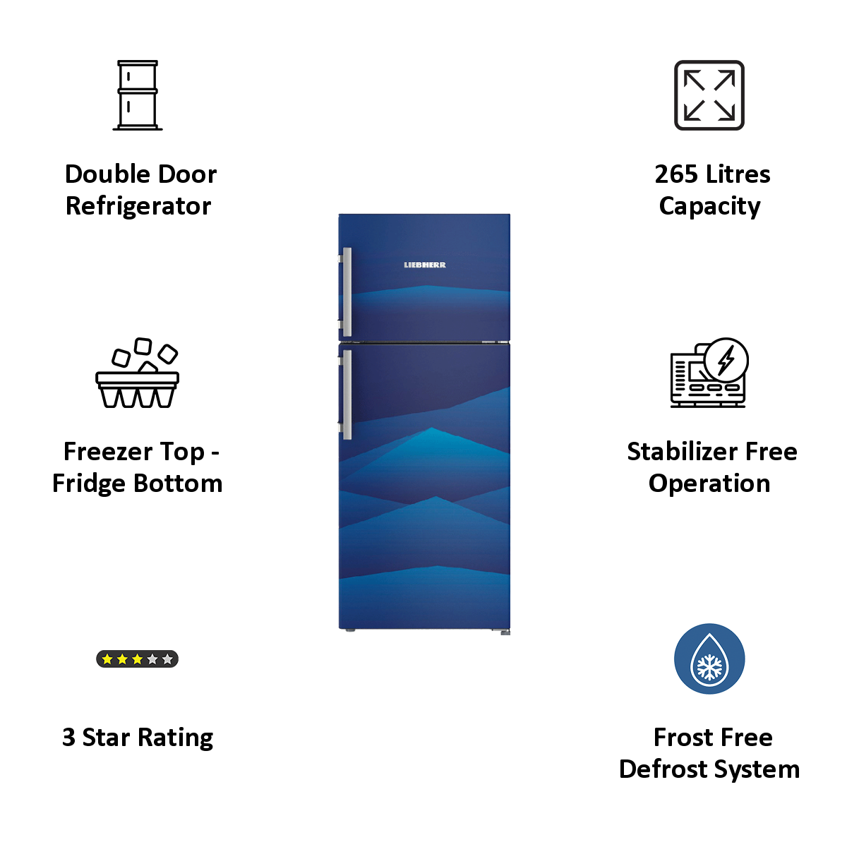 Liebherr 265 Litres 3 Star Frost Free Inverter Double Door Refrigerator (Stabilizer Free Operation, TCb 2620, Blue Landscape)_3