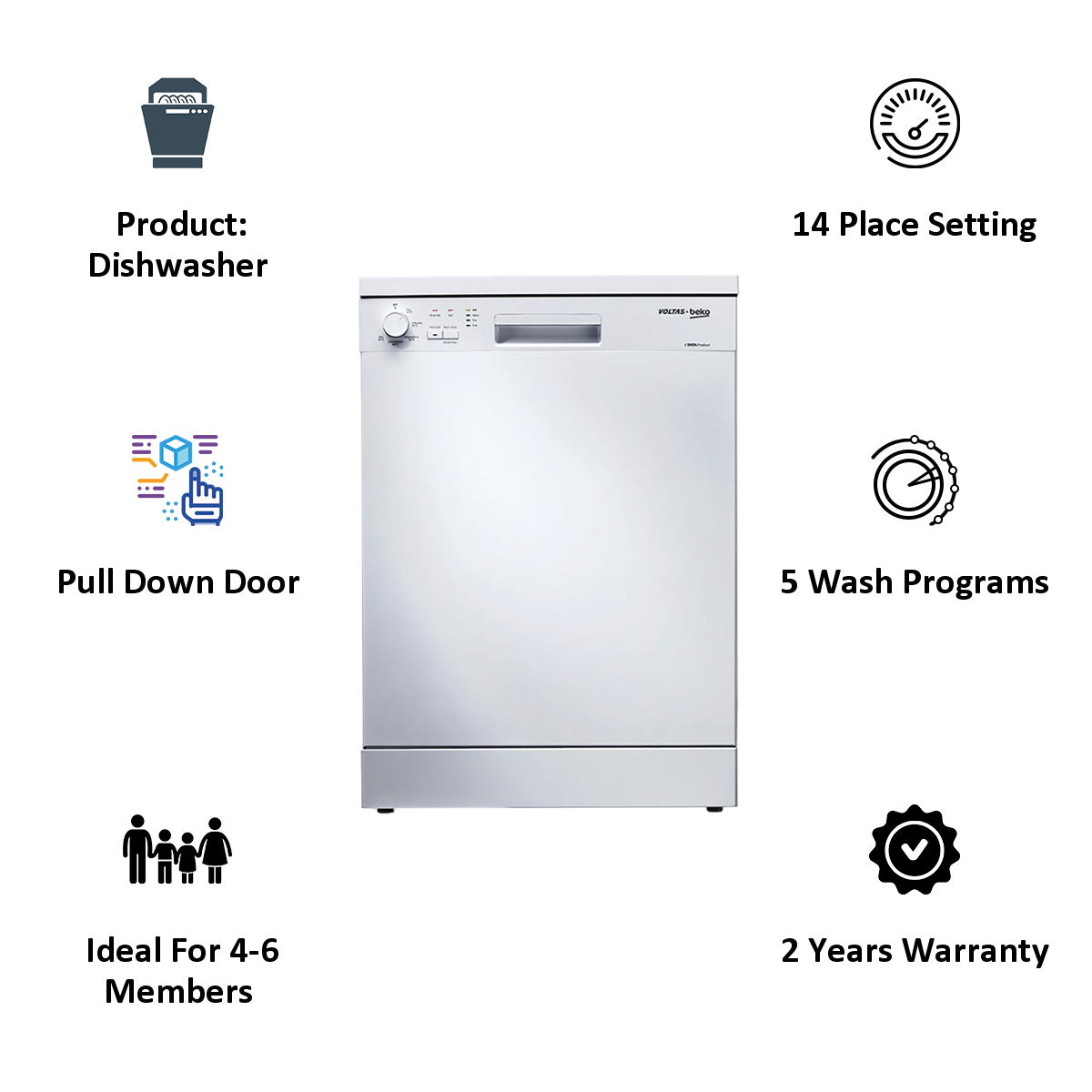 voltas beko df14w free standing 14 place settings dishwasher