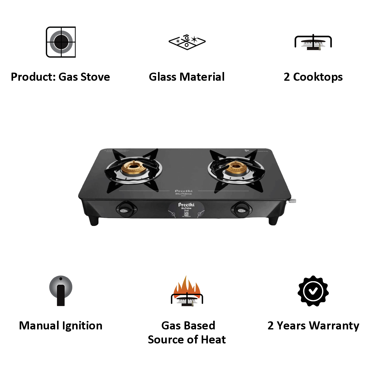Preethi Zeal 2 Burner Glass Gas Stove (Triad Nozzle Connection, 2BZeal, Black)_3