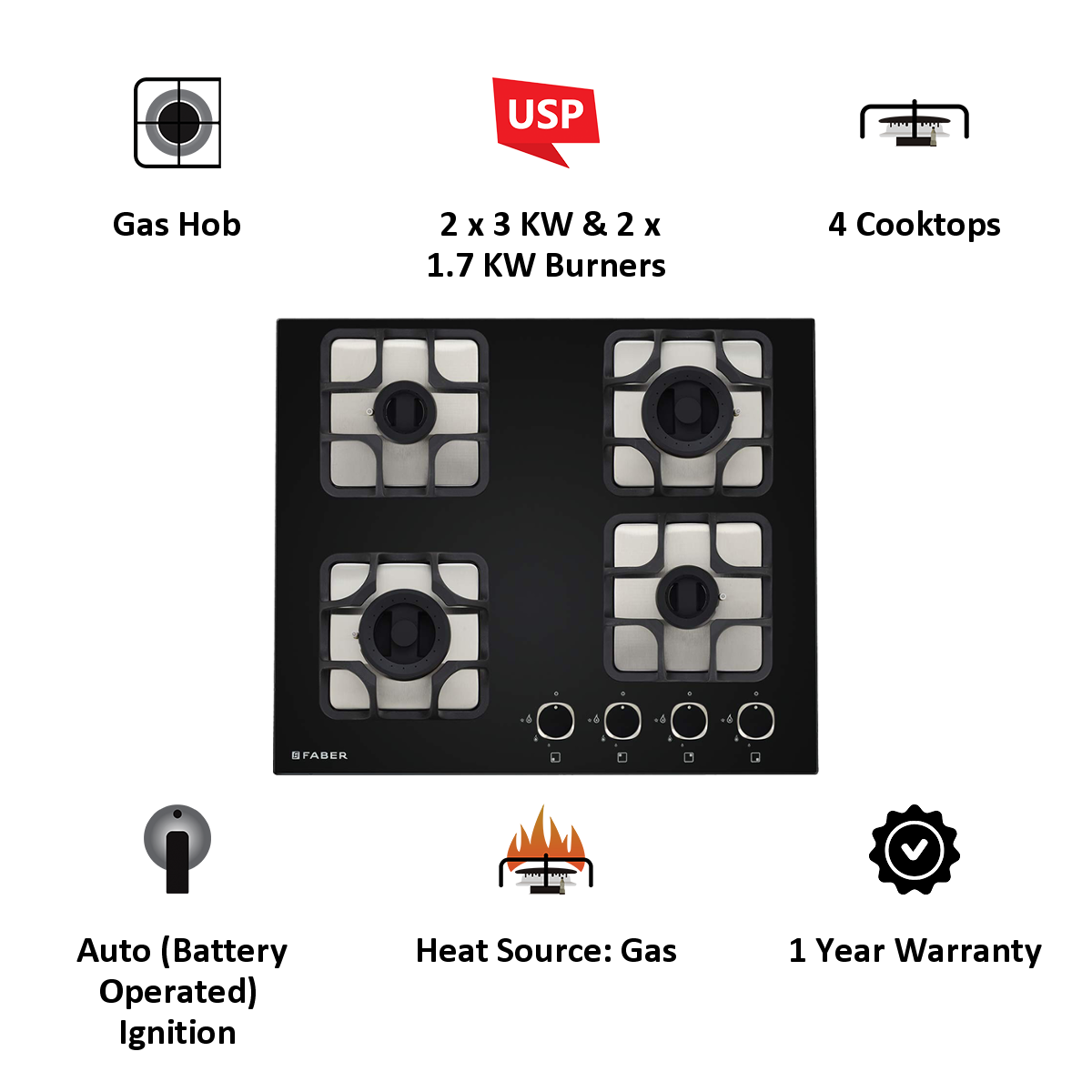 Faber Imperia Plus 604 BRB CI 4 Burner Glass Built-in Gas Hob (Cast Iron Pan Supports, 106.0581.650, Black)_4