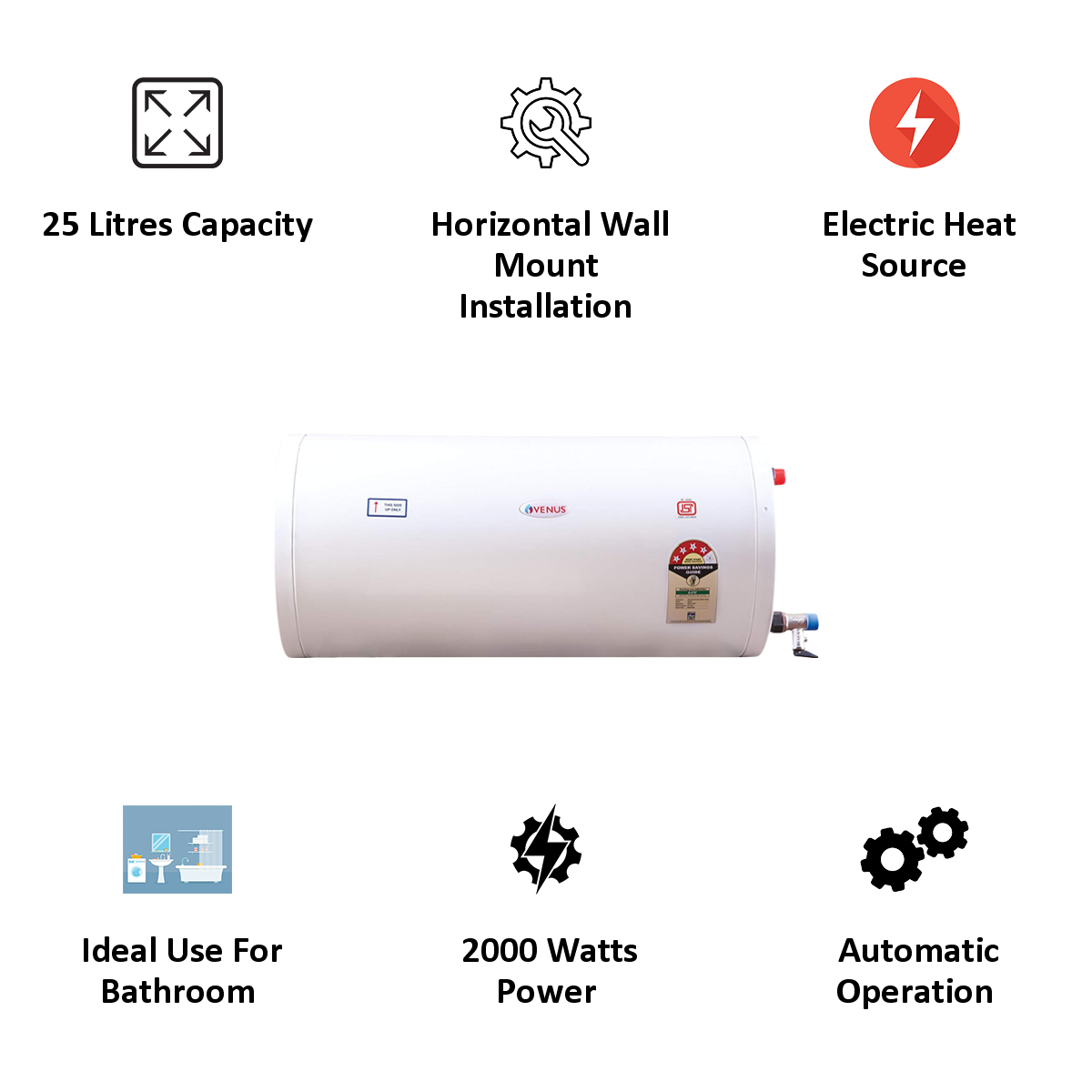 Venus Slim 25 Litres 3 Star Storage Water Geyser (2000 Watts, 25HS, White)_3