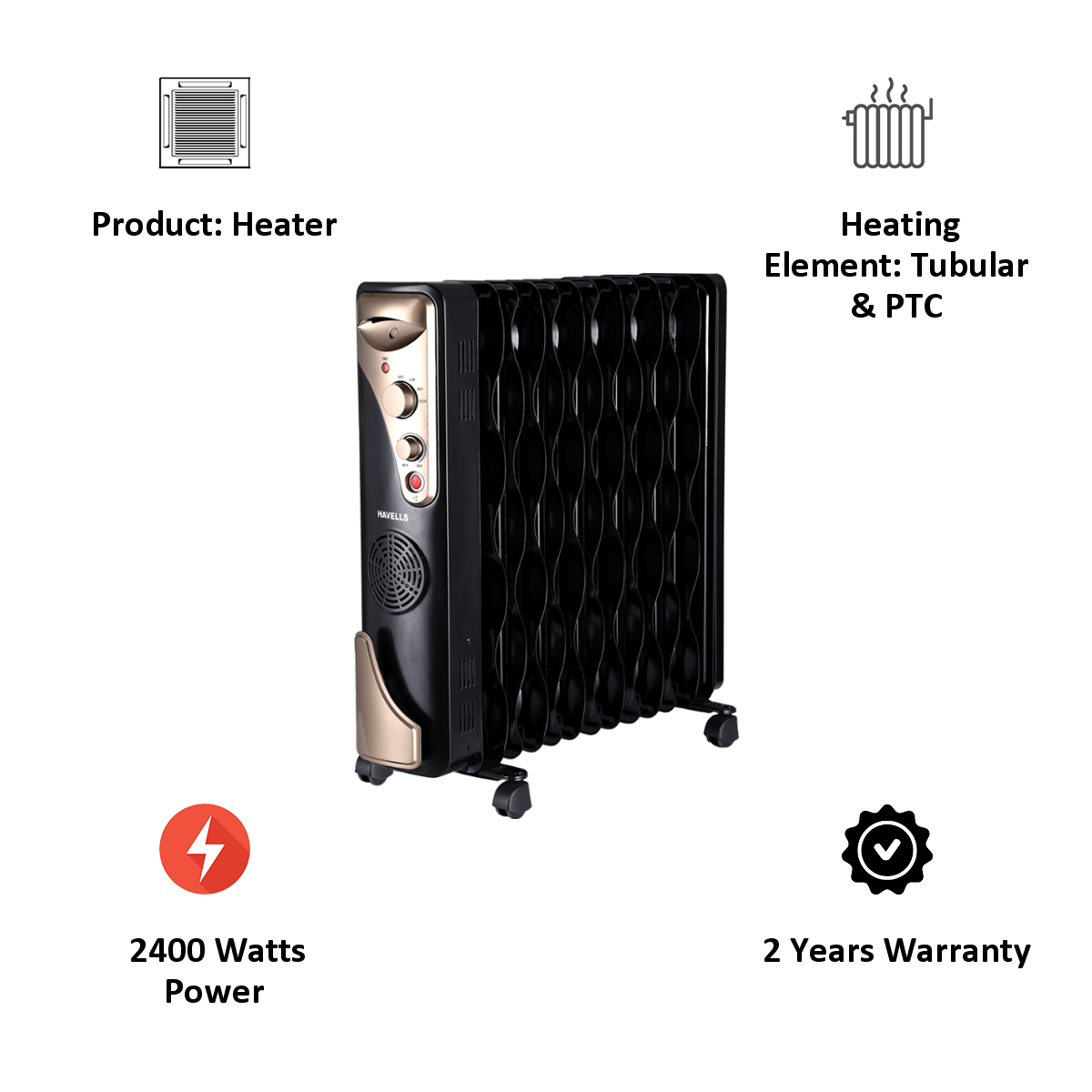 Havells 2400 Watts Tubular and PTC Oil Filled Fan Room Heater (Thermostatic Heat Control, GHROFBFK290, Black)_3