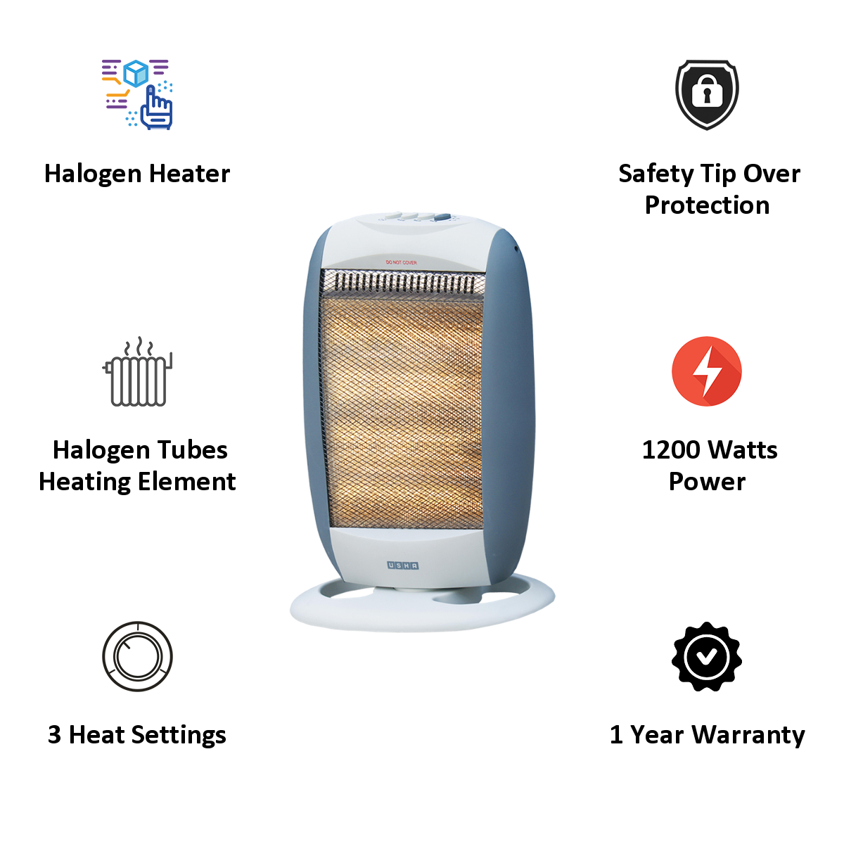 Usha 1200 Watts Halogen Room Heater (Automatic Oscillation, HH3303, Silver)_3
