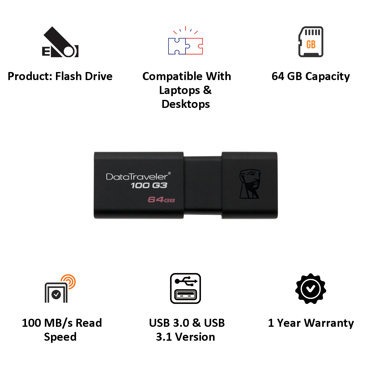 Drive Kingston DataTraveler 100 G3 64 GB USB 3.0 Flash Stick Pen Memory Drive Black 740617211726 
