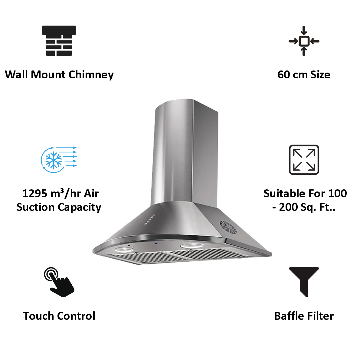 Faber Tender 3D 1295 m³/hr 60cm Wall Mount Chimney (Baffle Filter, T2S2 Max LTW 60, Stainless Steel)_3