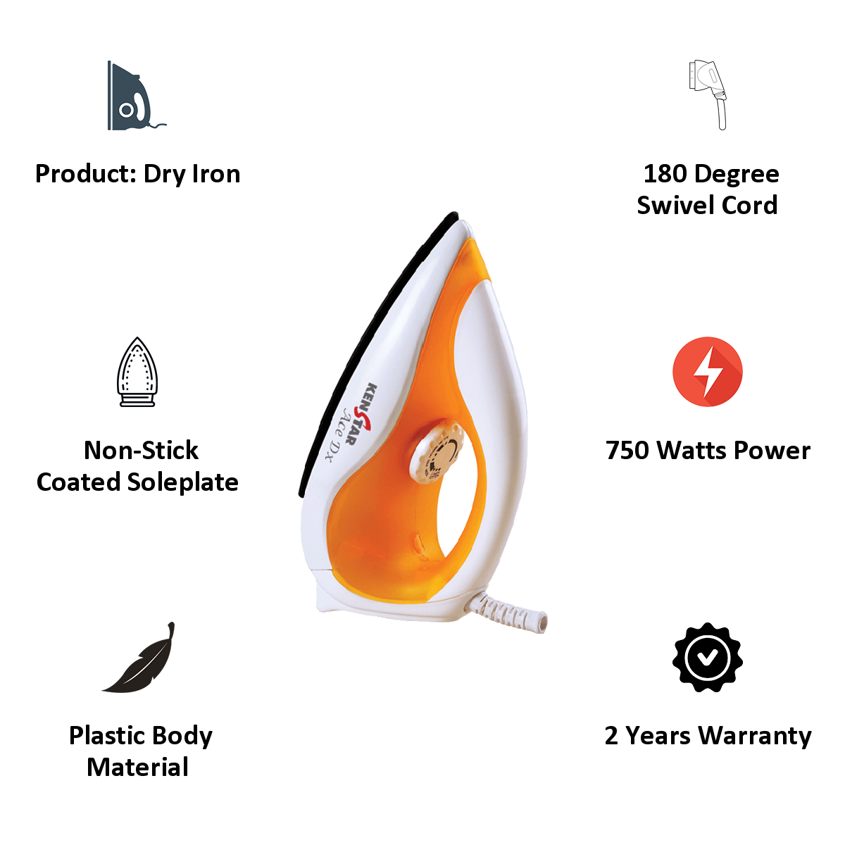 Kenstar 750 Watt Dry Iron (Ace Dx, Orange)_3