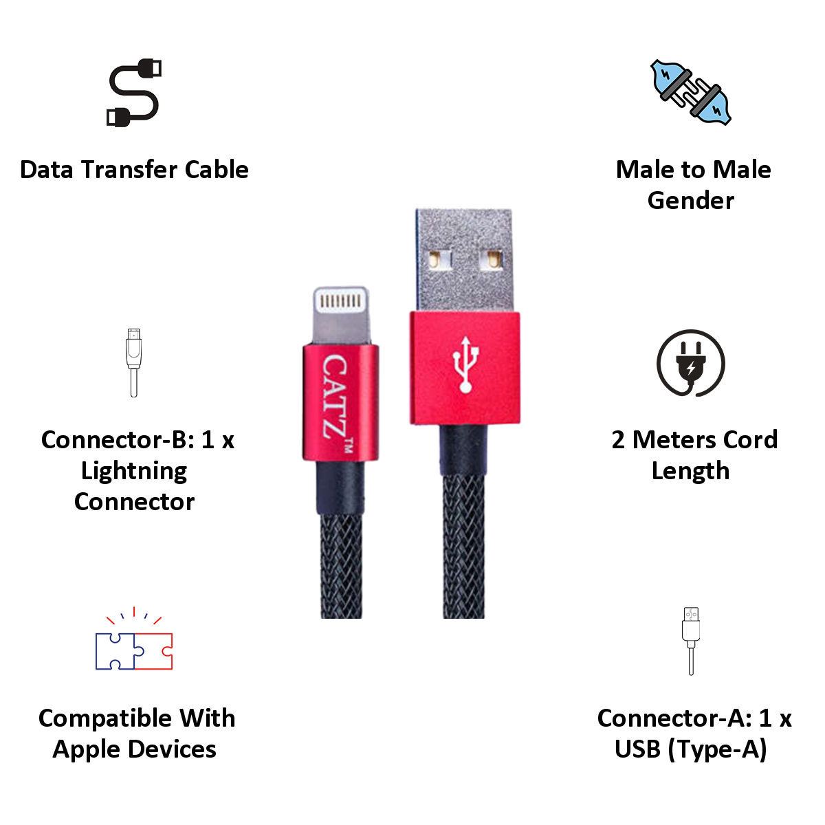Catz 2 Meter USB (Type-A) to Lightning Data Transfer USB Cable (For iPhones/iPads, CZ-LT 2M, Black)_3