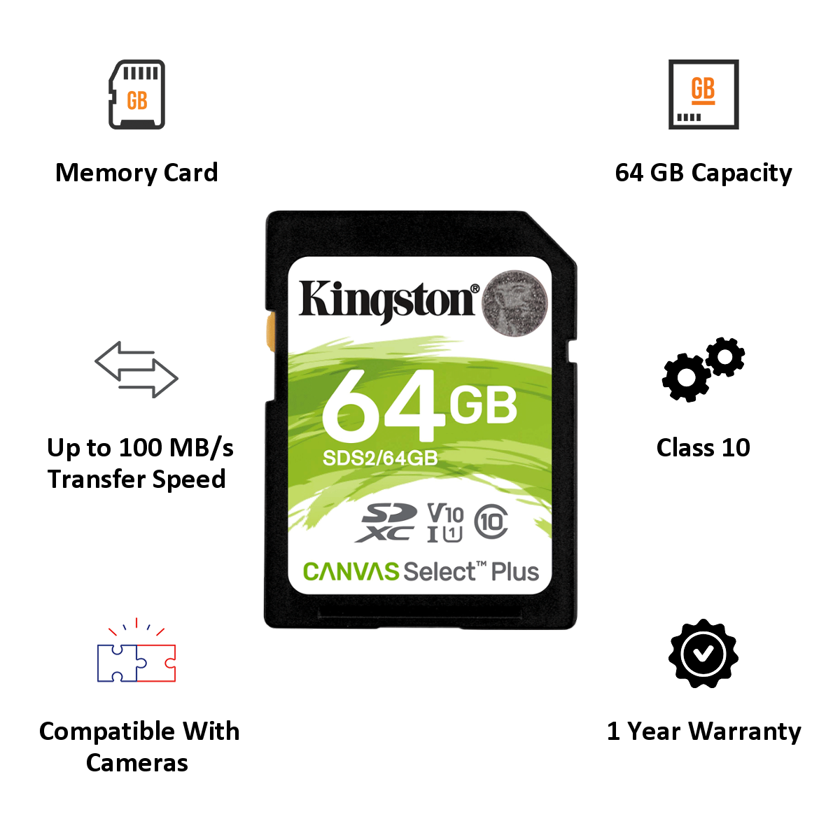 Buy Kingston Canvas Select Plus 64GB Class 10 SDHC Memory Card (SDS2/64GBIN,  Black) Online - Croma