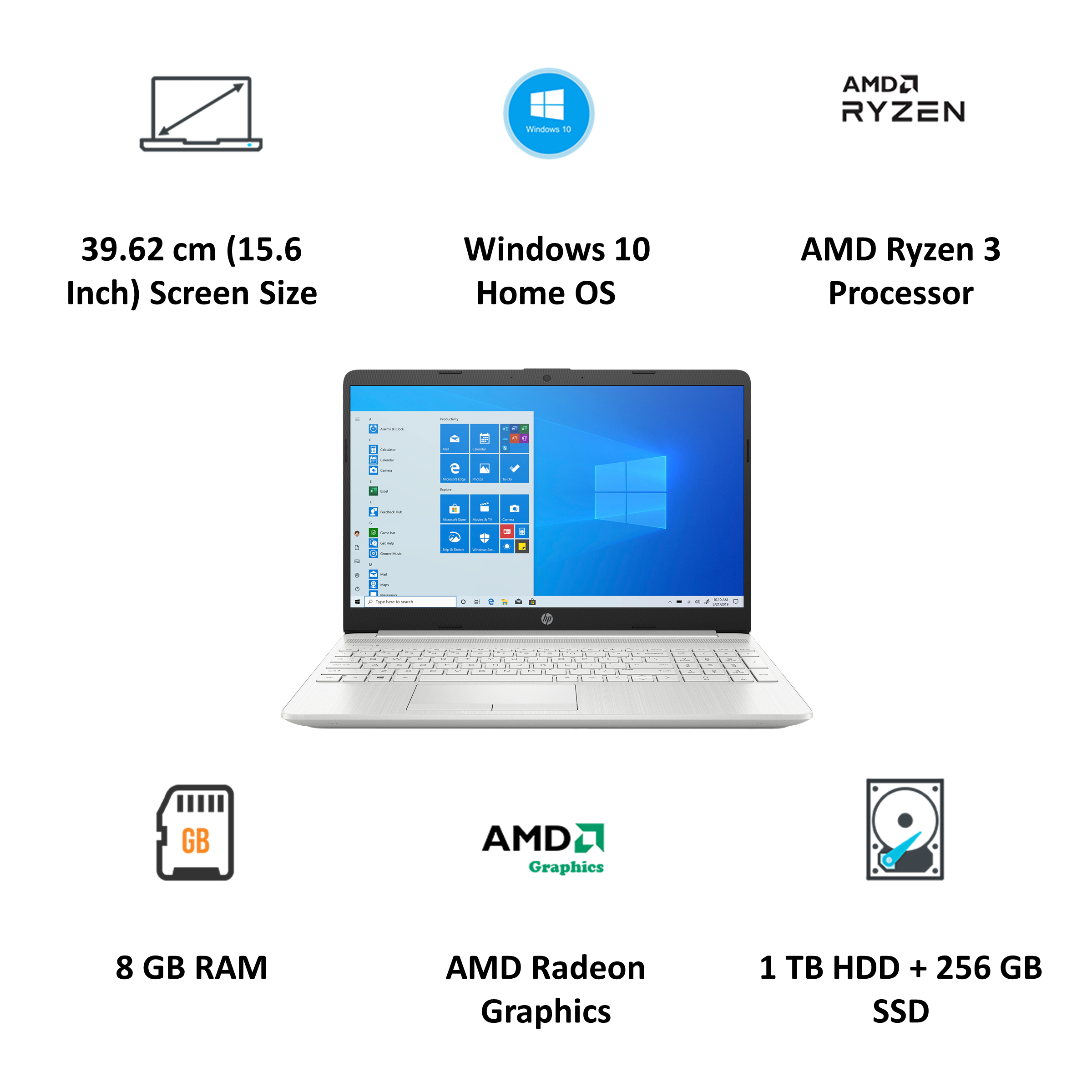 HP 15s-gr0012AU (35K35PA#ACJ) Ryzen 3 Windows 10 Home Single Language Thin and Light Laptop (8GB RAM, 1TB HDD + 256GB SSD, AMD Radeon Graphics, MS Office, 39.62cm, Natural Silver)_4