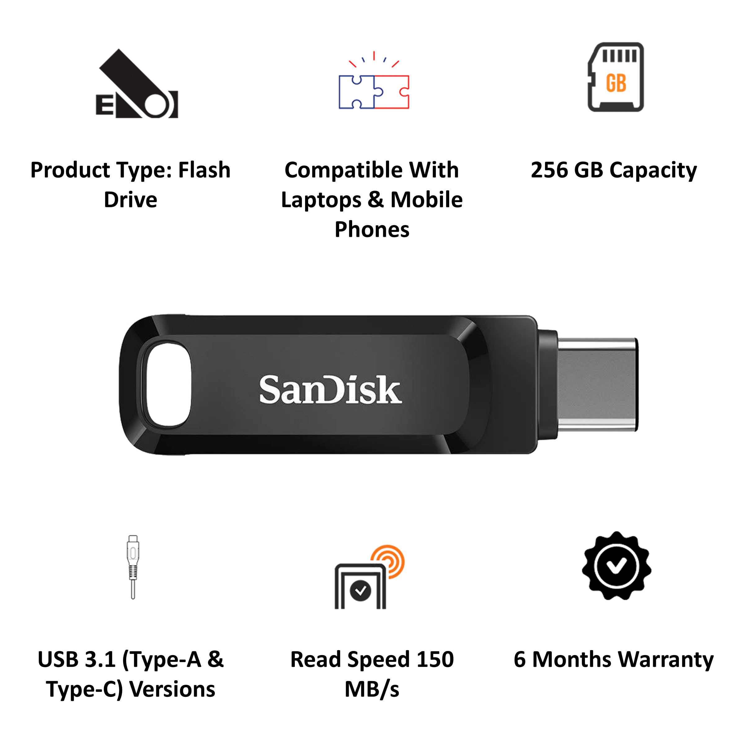 Buy SanDisk Ultra Dual Drive Go 256GB USB 3.1 (Type-A), USB 3.1 (Type-C) Flash  Drive (Auto Back-Up, SDDDC3-256G-I35, Black) Online - Croma