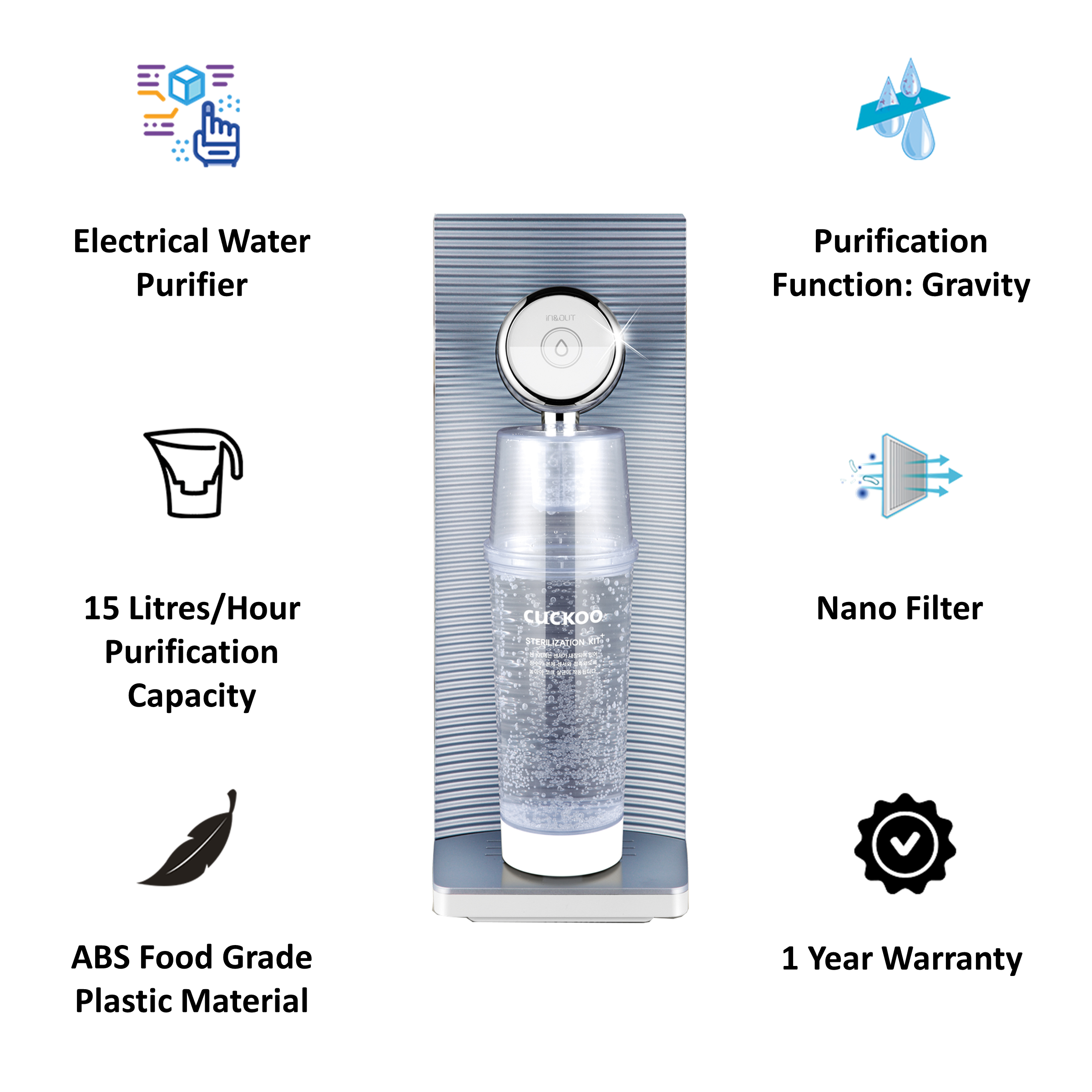 Cuckoo Drink Pure Gravity Electrical Water Purifier (Advanced Nano Filtration, CP-MN011B/PICKIN, Silver)_3
