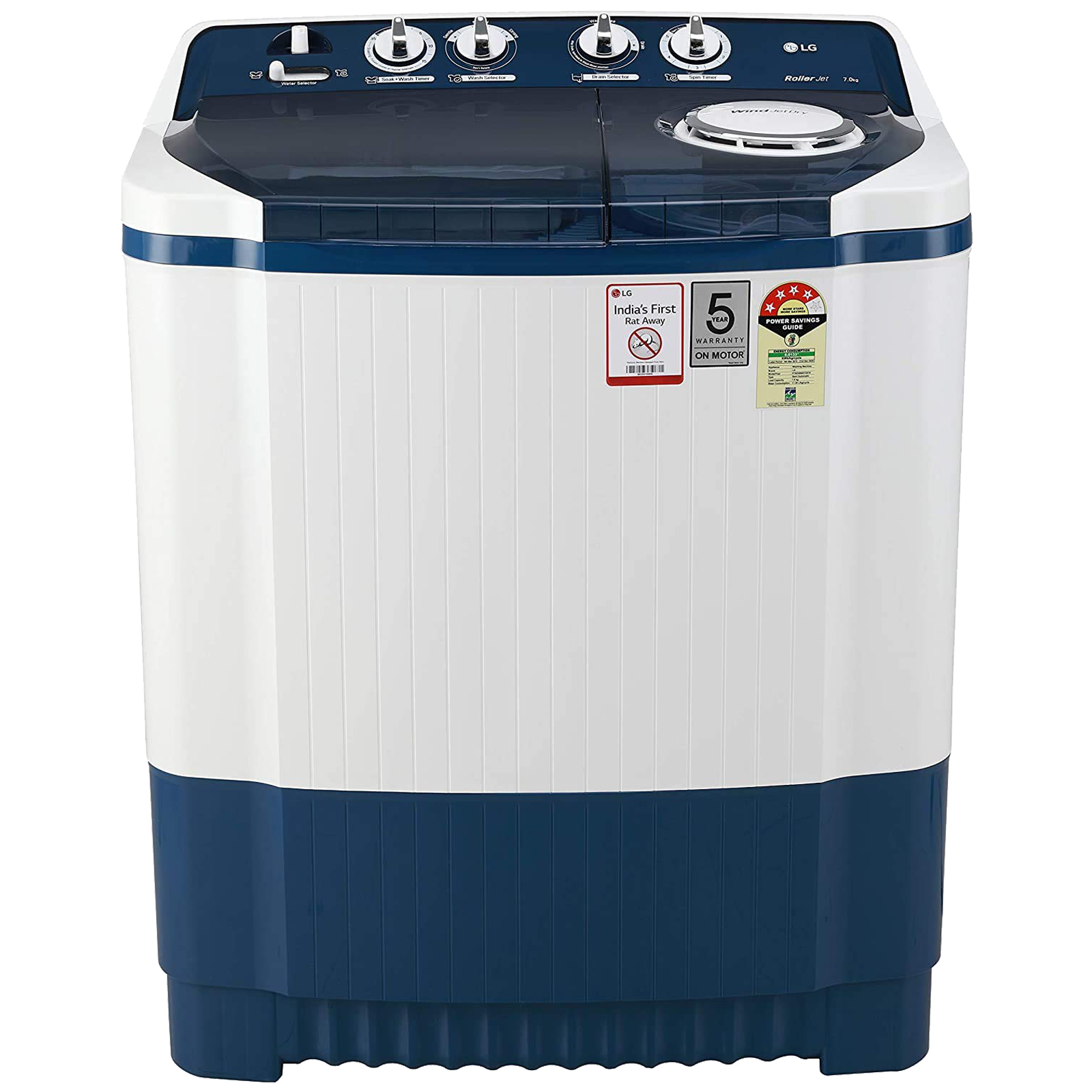 

LG 7 kg 4 Star Semi-Automatic Top Load Washing Machine (Auto Restart, P7025SBAY.ADBQEIL, Dark Blue), No color