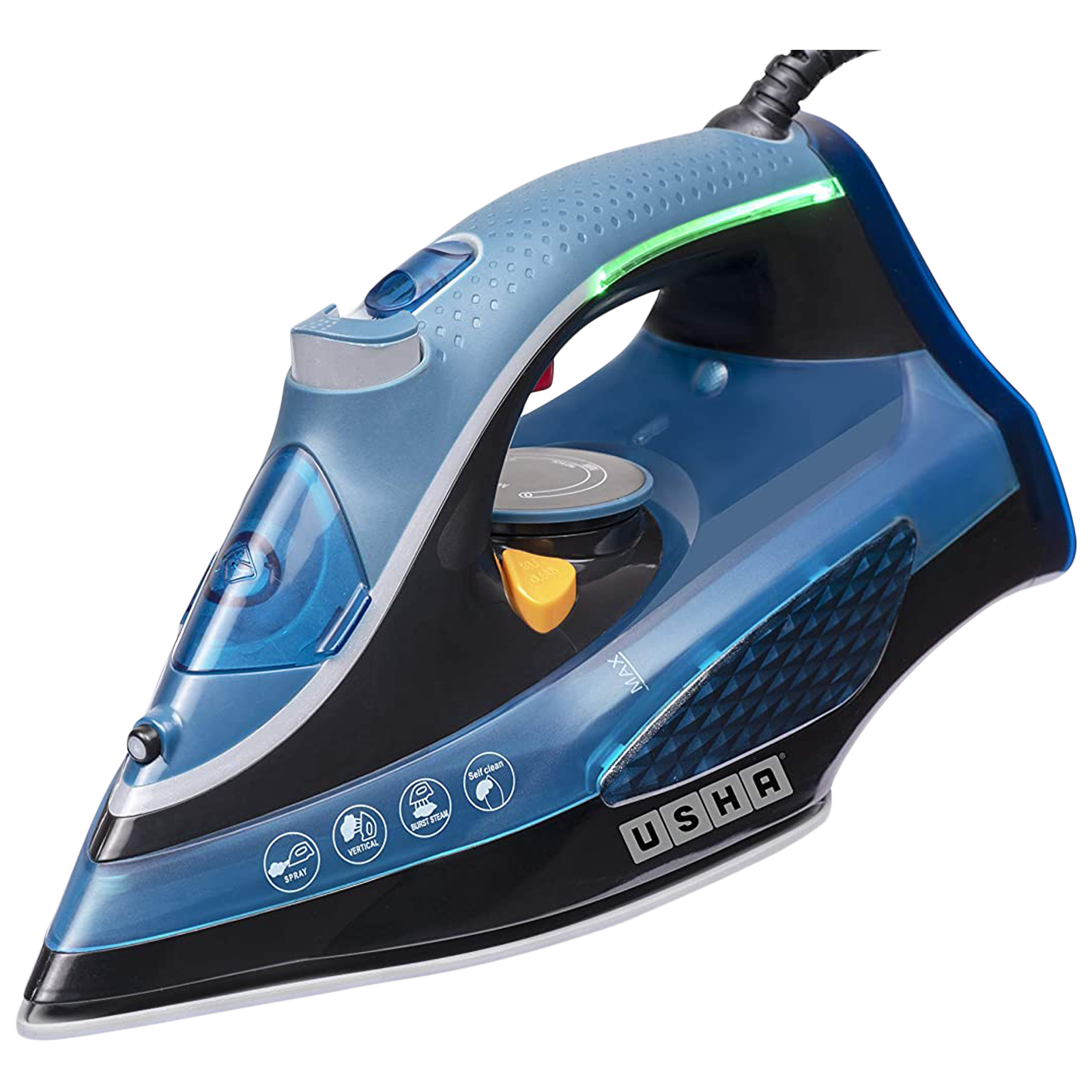 

Usha Aqua Glow 2000 Watts 300ml Steam Iron (5 Fabric Settings, AG2000CS, Blue), No color
