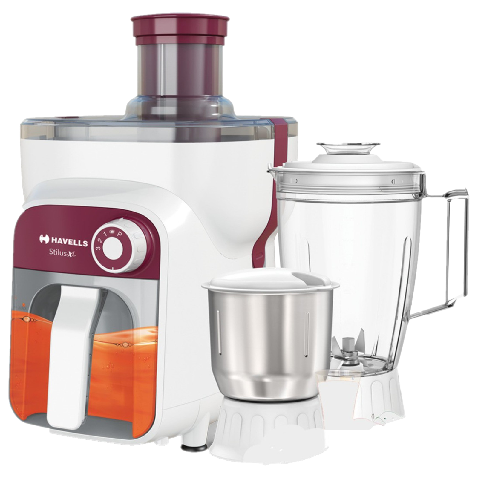 

Havells Stilus XL 500 Watts 3 Jars Juicer (Stainless Steel Sieve, GHFJMCEW050, Maroon), No color