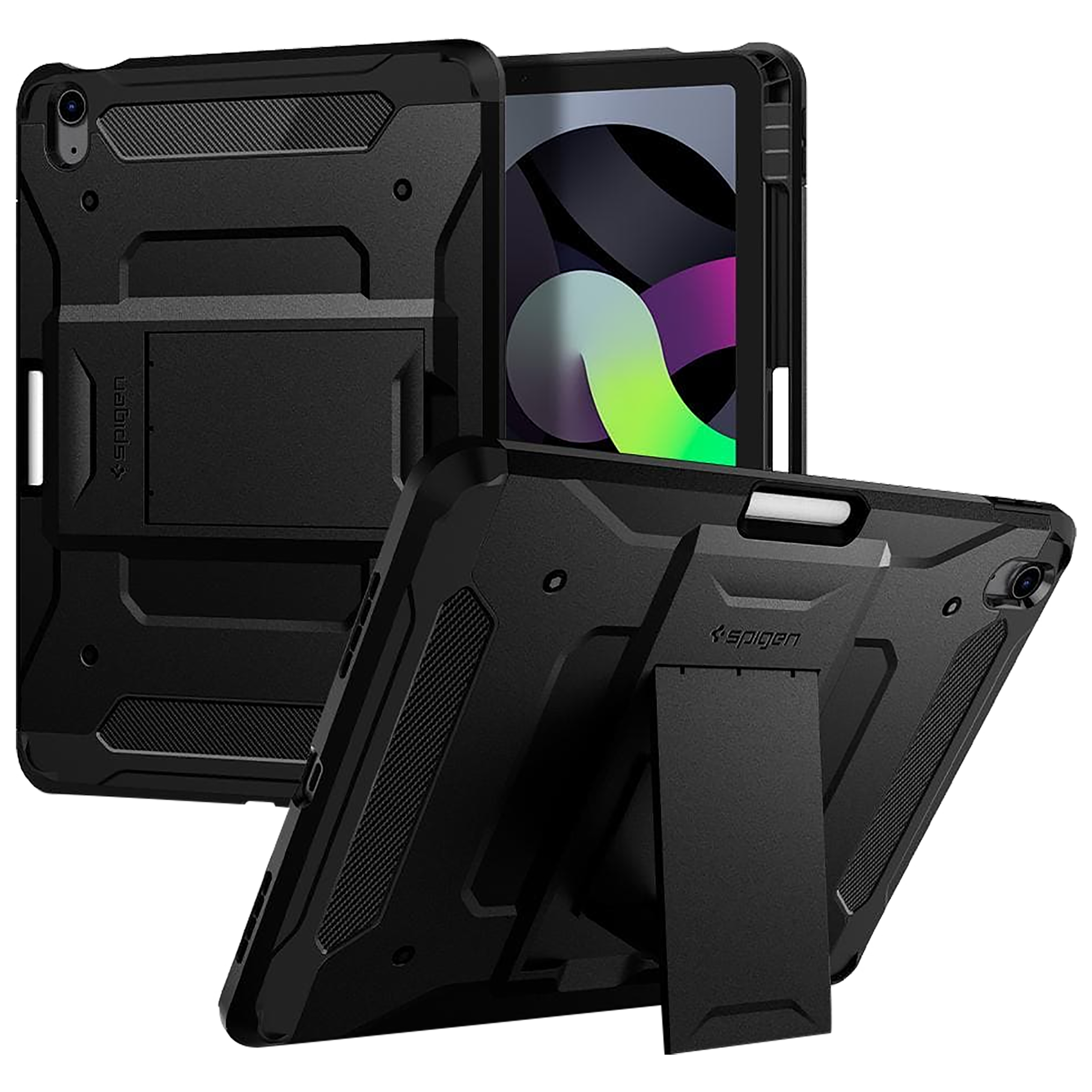 spigen - spigen Tough Armor Pro Back Case with Stand For iPad Air 10.9″ (2020) (Air Cushion Technology, ACS02051, Black)