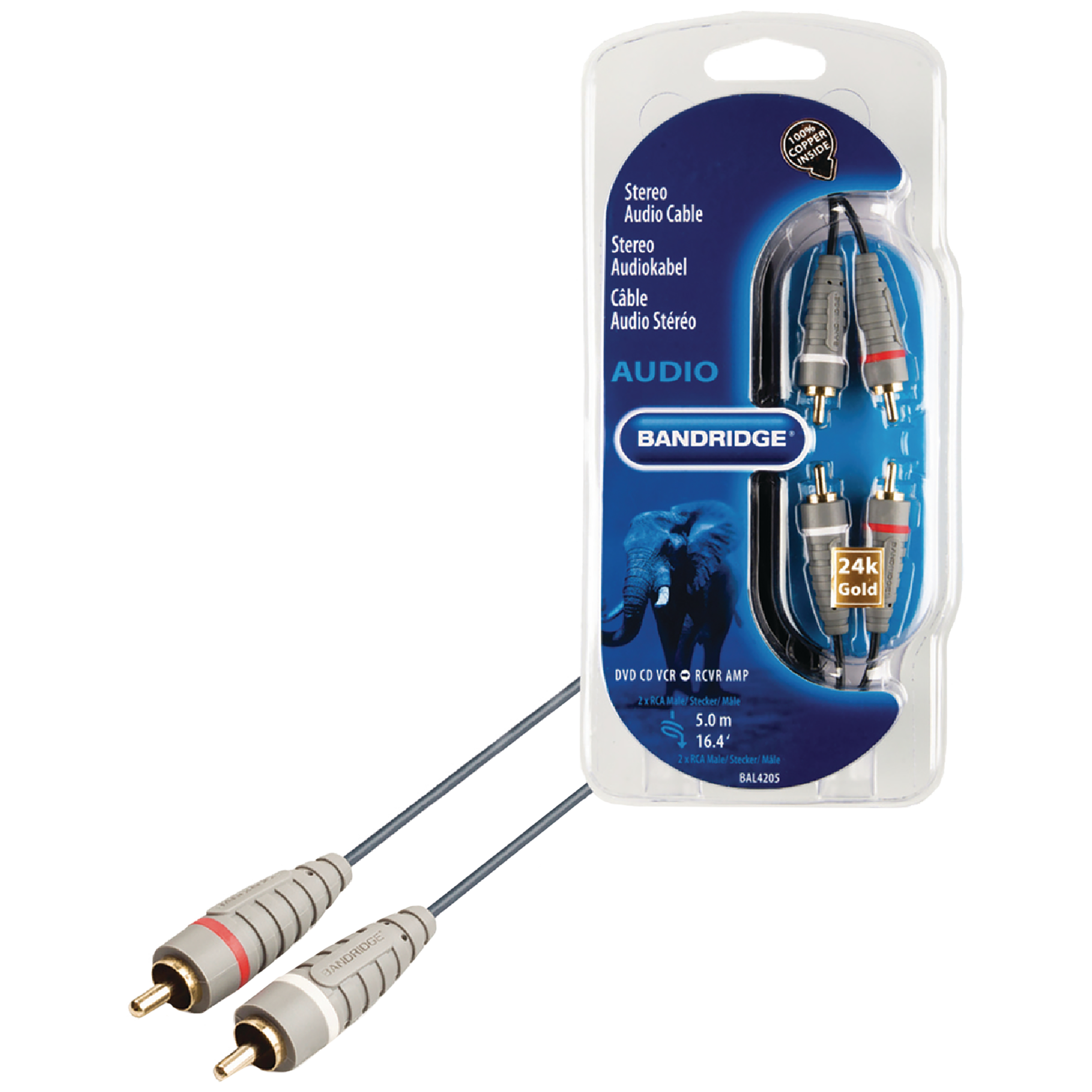 Bandridge BAL4205 PVC 5 Meter RCA to RCA Audio Cable (24K Gold Plated, Blue)