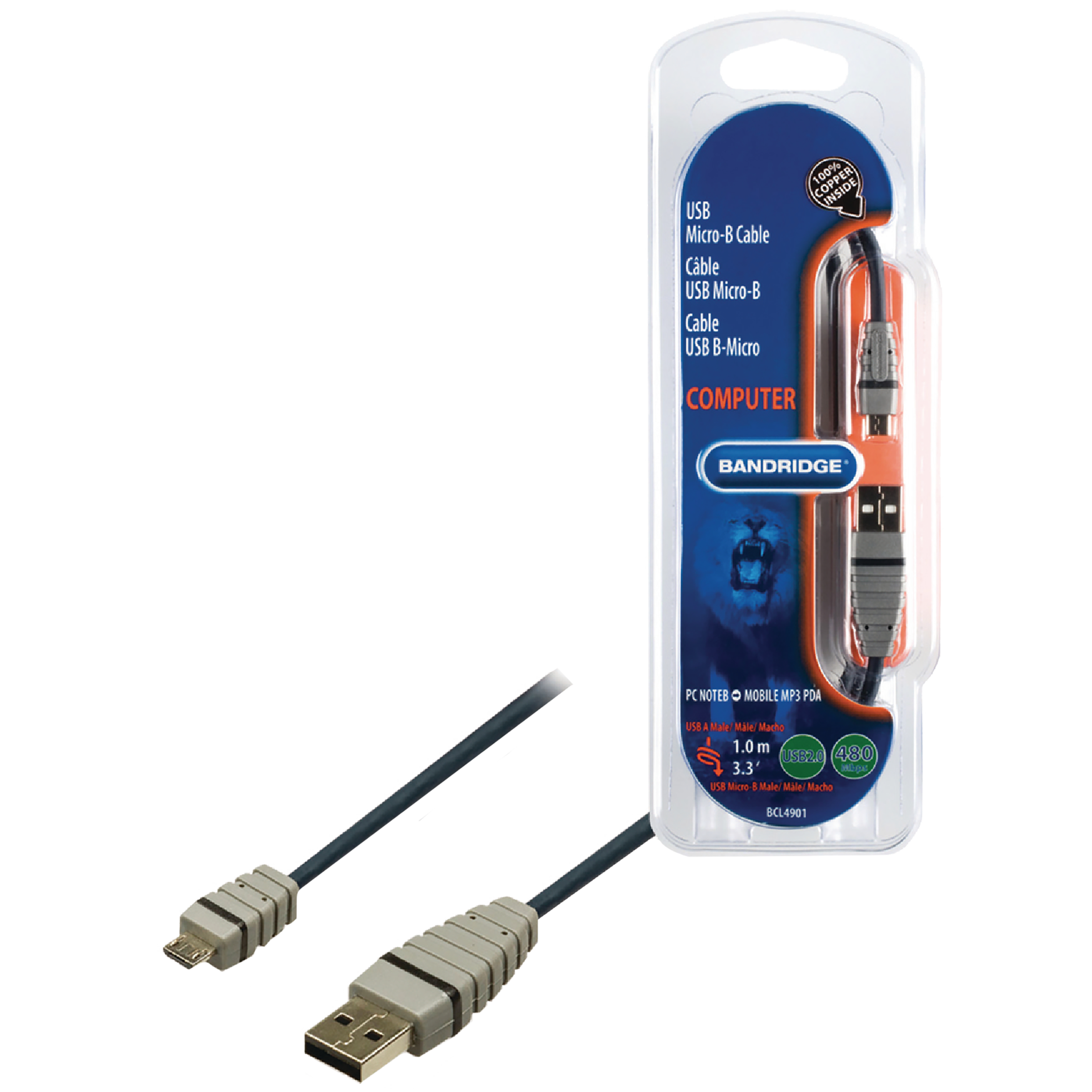 Bandridge - Bandridge BCL4901 PVC 1 Meter USB 2.0 (Type-A) to Micro USB 2.0 (Type-B) Power/Charging USB Cable (100% Copper Inside, Blue)