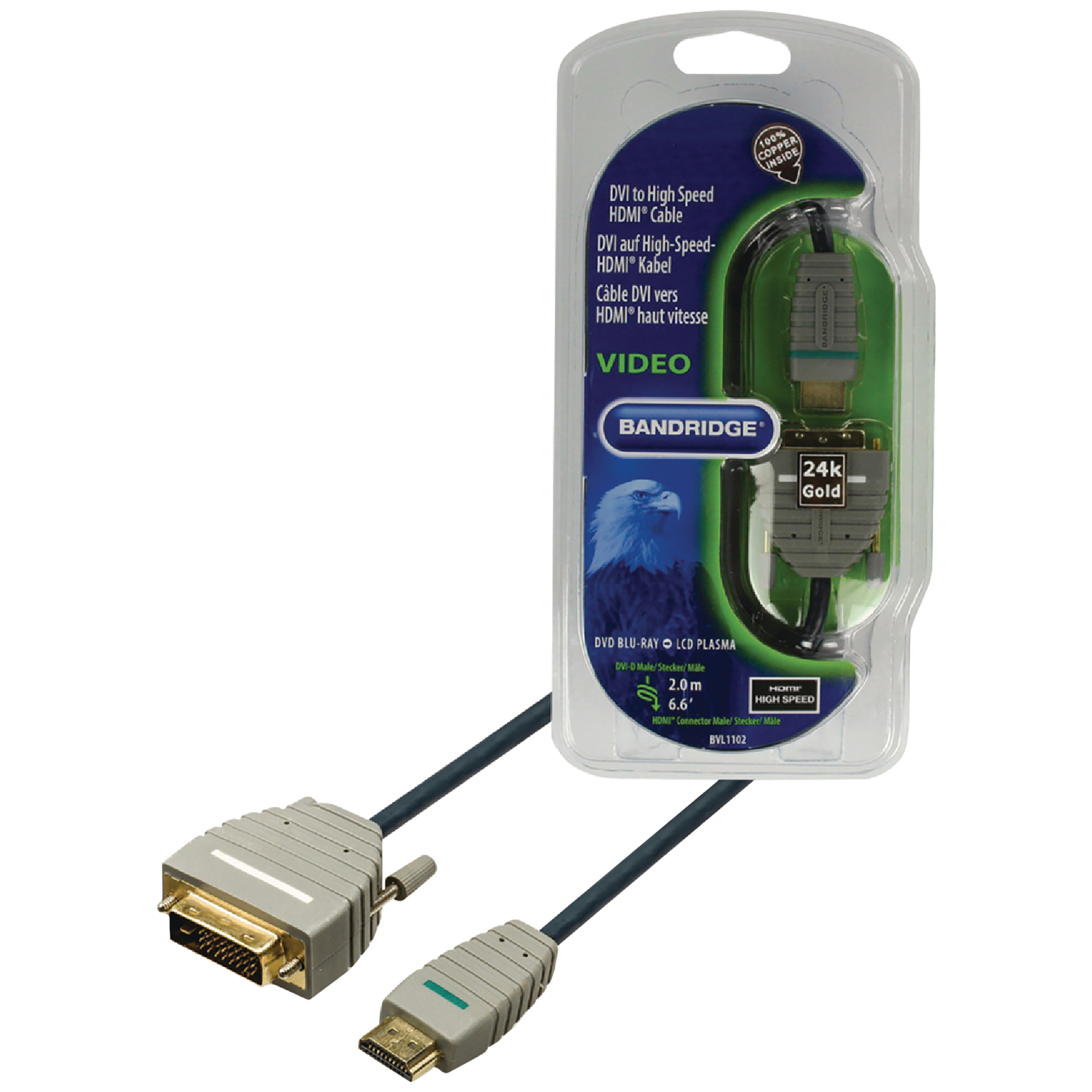Bandridge BVL1102 2 Meter HDMI to DVI-D 24+1-Pin Audio & Video HDMI Cable/DVI Cable (100% Copper Inside, Blue)_1