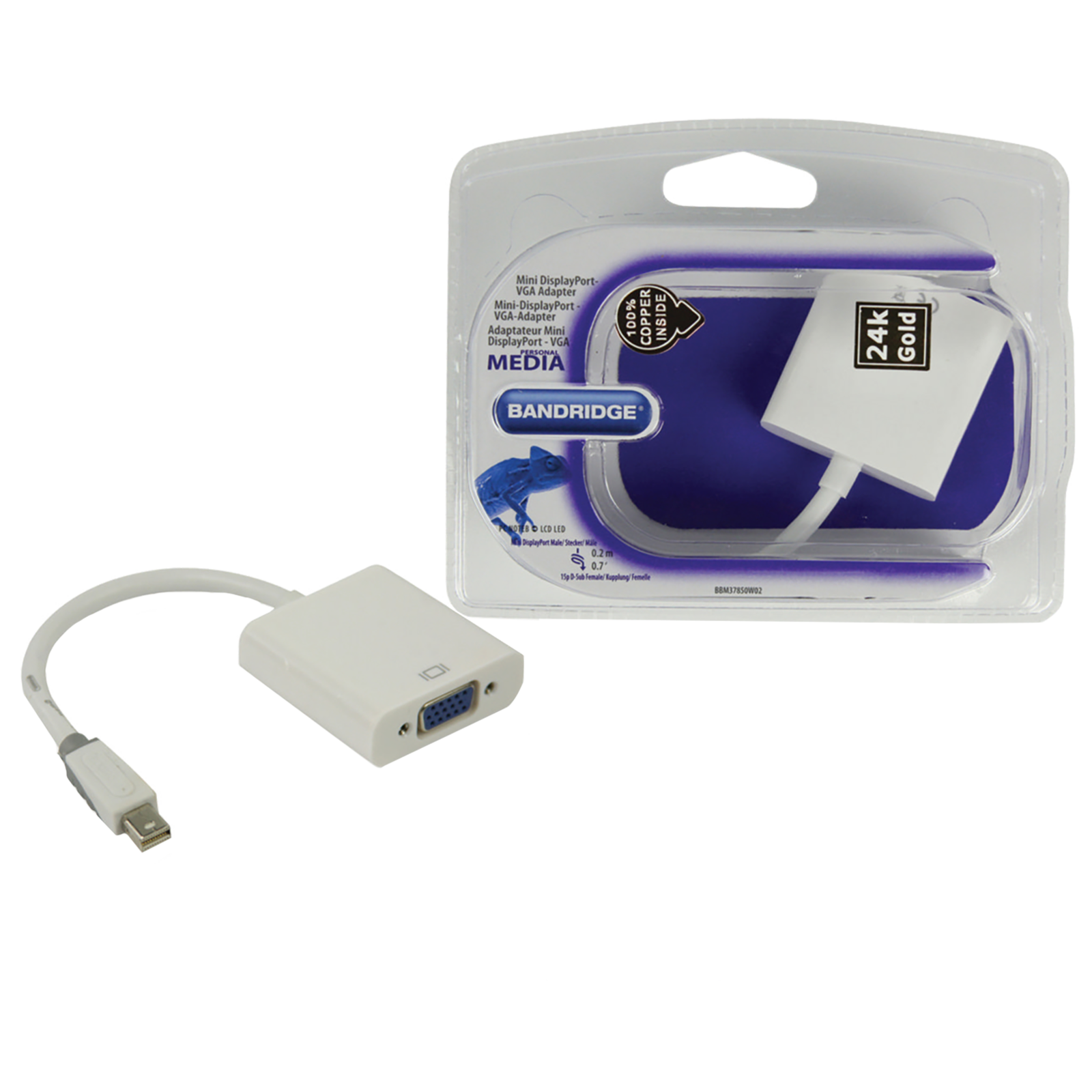 

Bandridge BBM37850W02 PVC 0.2 Meter Mini DisplayPort to VGA Video Display Cable (24K Gold Plated, White), No color