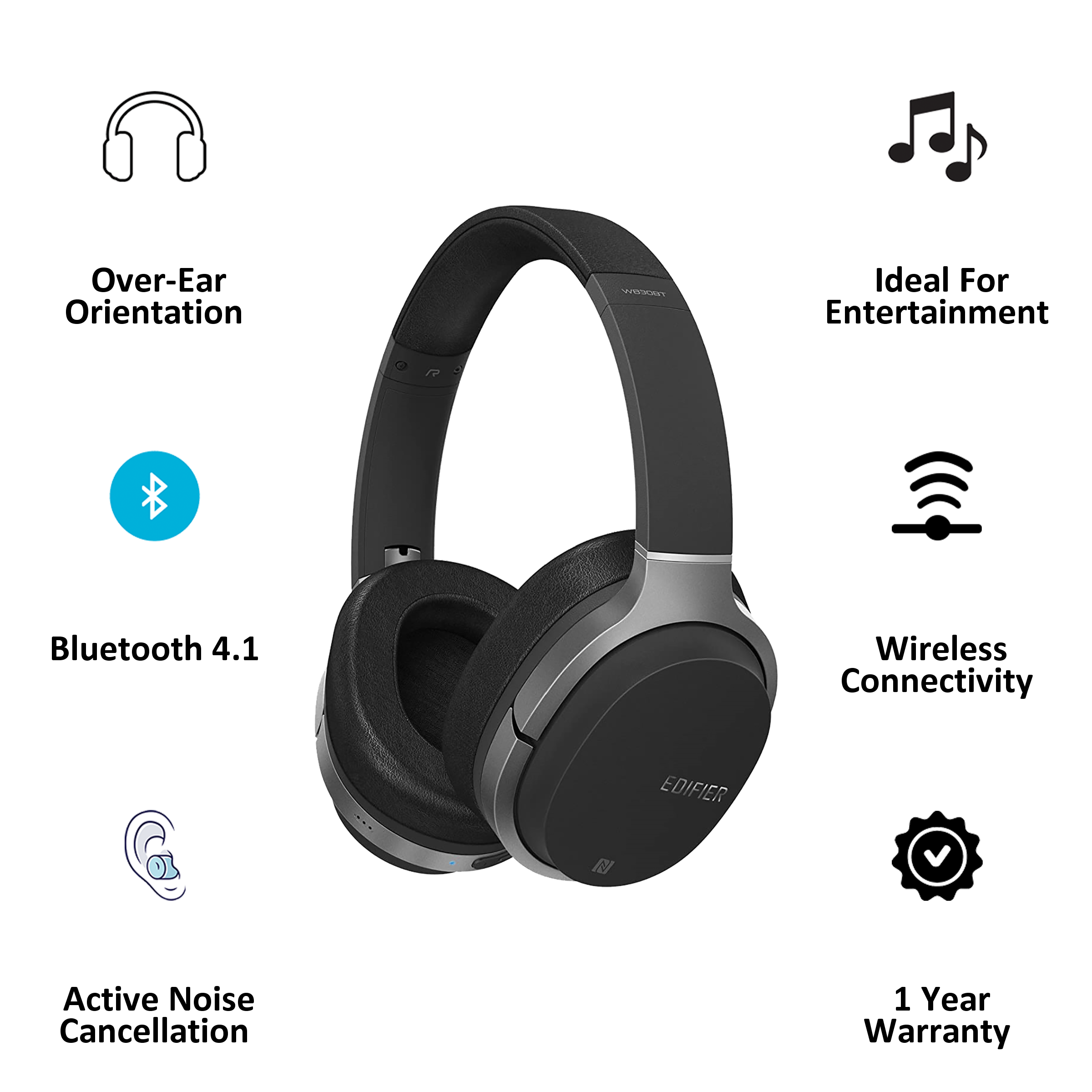 Edifier W830BT Over-Ear Active Noise Cancellation Headphone With Mic (Bluetooth 4.1, Rich Deep Bass, Black)_4
